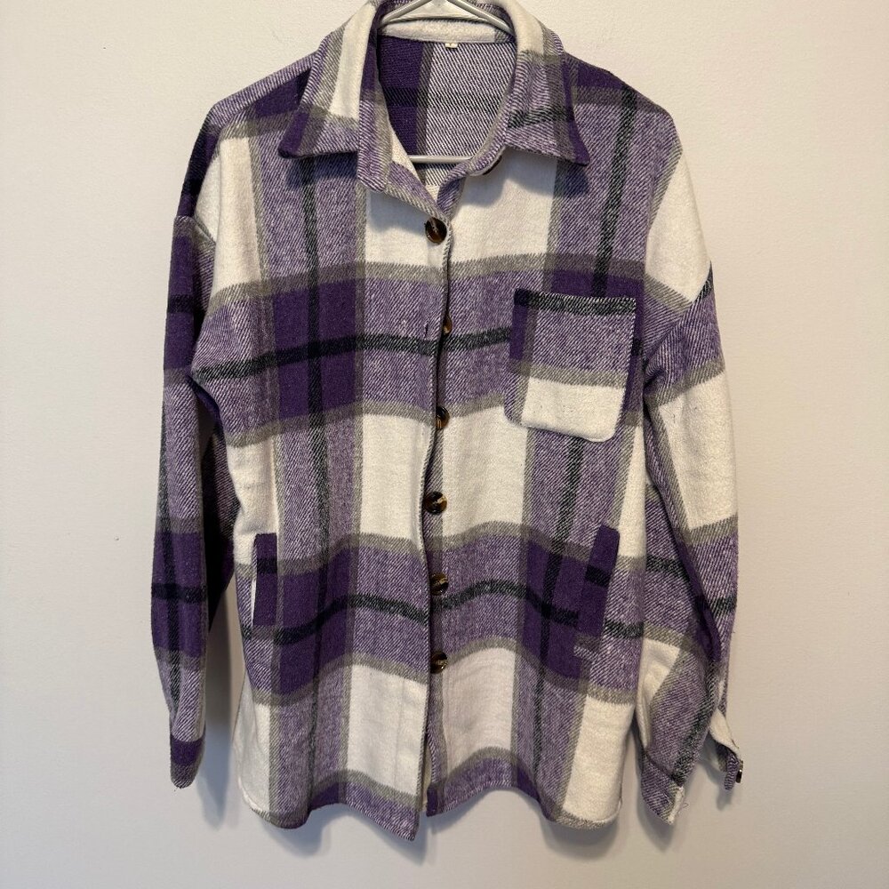 Purple Plaid Button Down Coat NWOT